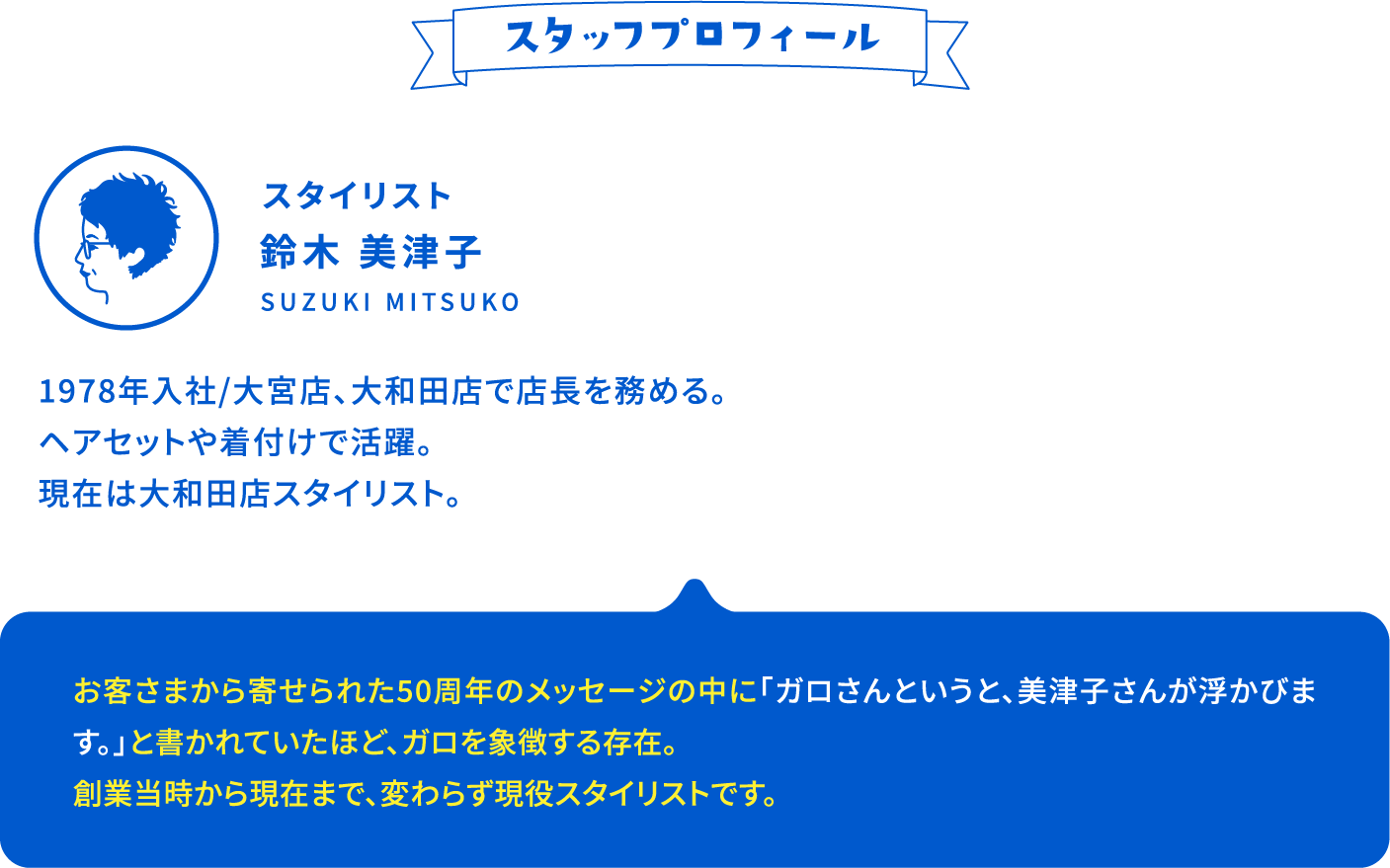 スタッフプロフィール スタイリスト 鈴木 美津子 Suzuki Mitsuko 1978年入社/大宮店、大和田店で店長を務める。ヘアセットや着付けで活躍。現在は大和田店スタイリスト。 お客さまから寄せられた50周年のメッセージの中に「ガロさんというと、美津子さんが浮かびます。」と書かれていたほど、ガロを象徴する存在。創業当時から現在まで、変わらず現役スタイリストです。