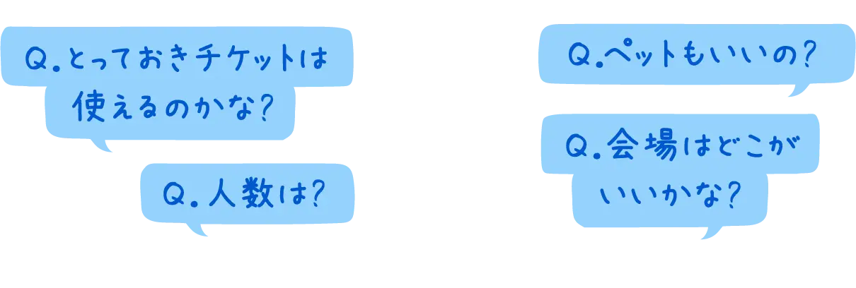 Q.とっておきチケットは使えるのかな? Q.人数は? Q.ペットもいいの? Q.会場はどこがいいかな?